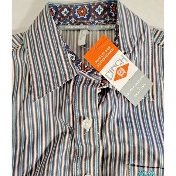 Cinch Women's Tencel Long Sleeve Shirt Blue Green Striped XS Longer NWT - Picture 1 of 9